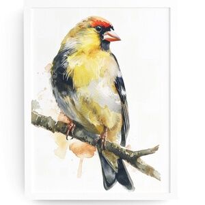 Watercolor American Goldfinch Bird Portrait Wall Art Illustration Print Unframed